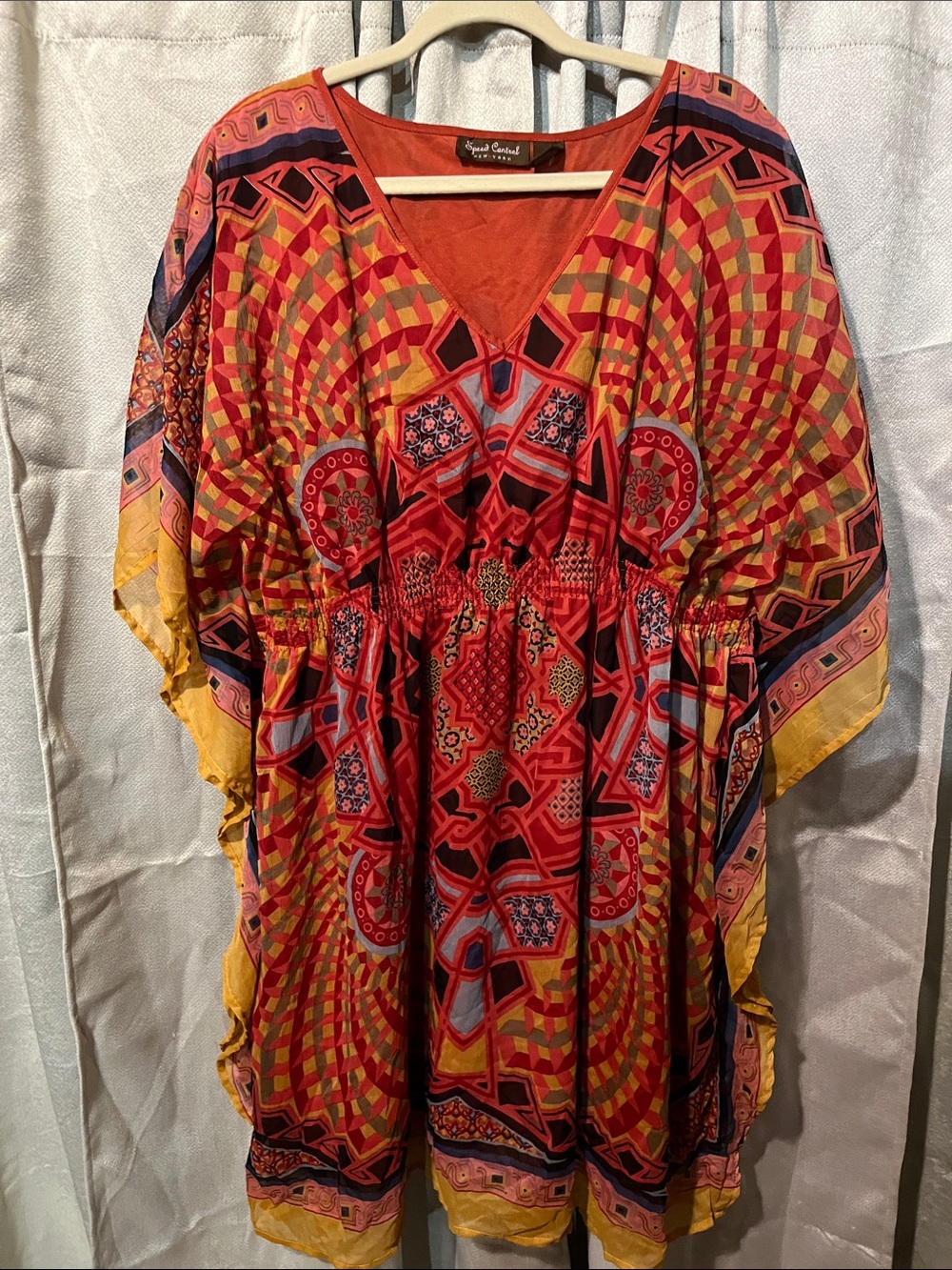 Size 2X Speed Control Red & Yellow Geometric V-Neck Mini Dress